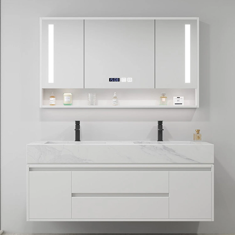 Modern Minimalist White Wall-Mounted Bathroom Storage Vanity Cabinet Set with Sink Basin