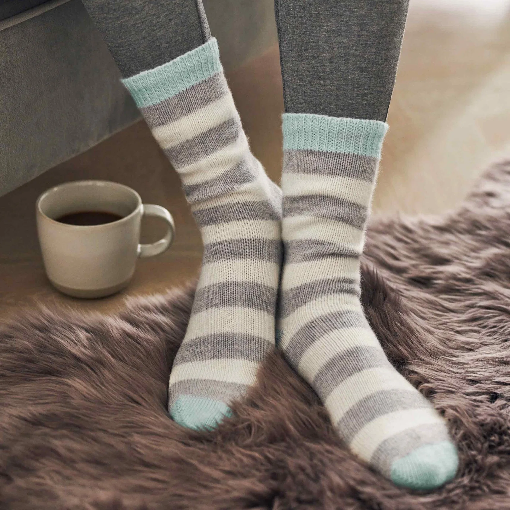 Pure Cashmere Knitted Ladies Striped Ankle- Length Socks Apparel Accessories
