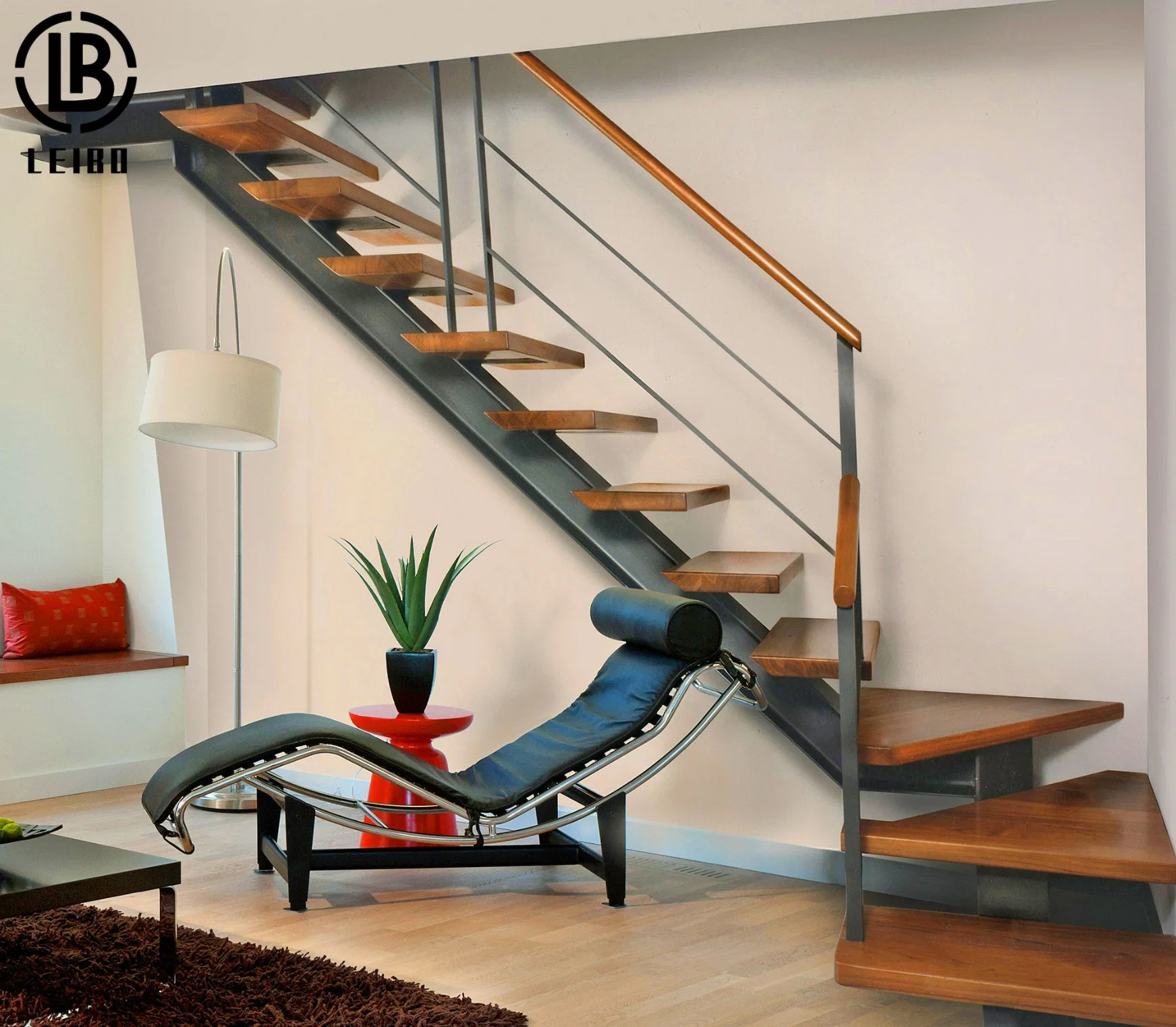 Indoor Steel Structure Support Straight Stairs with Timber Stairs Glass Balustrade Metal Staircase