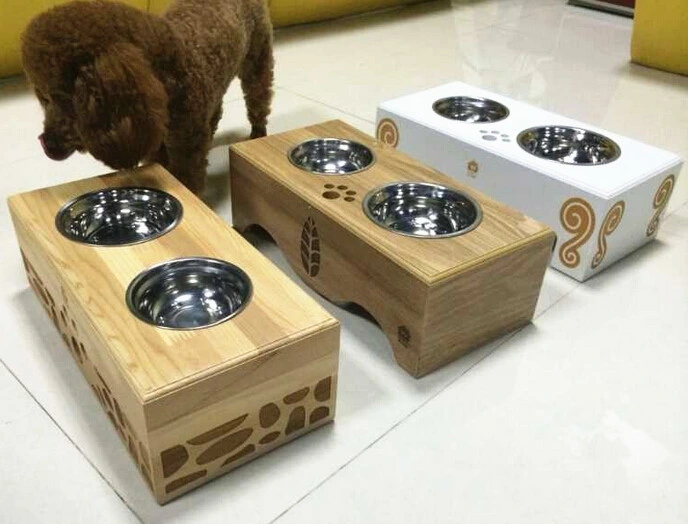 Wooden Cat Dog Pets Feeder with Two Raised Bowls