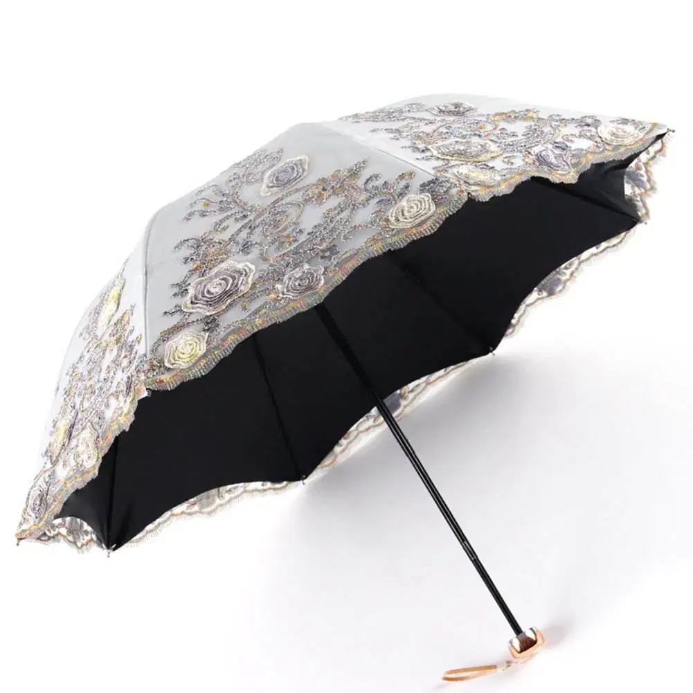 Designer Vintage Lace 3D Flower Embroidery UV 50 Sun Parasol Wedding Fabric Umbrella with Black Coating