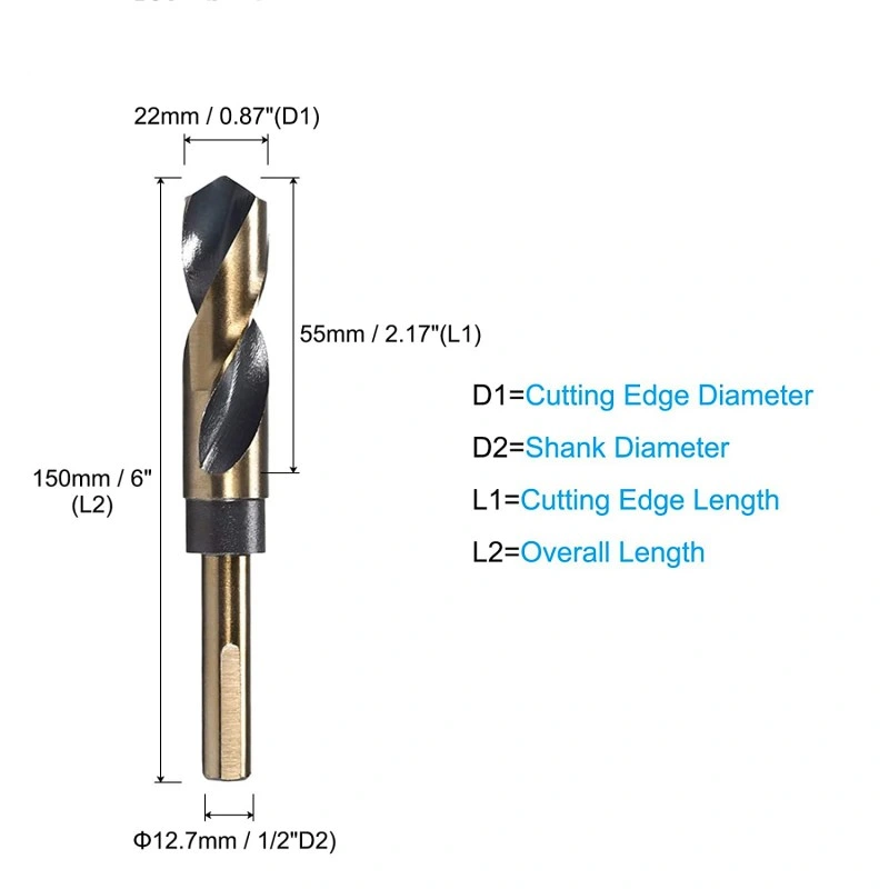 22mm Cutting Edge Titanium & Nitride Coated Reduced Shank Twist Drill Bit for Stainless Steel