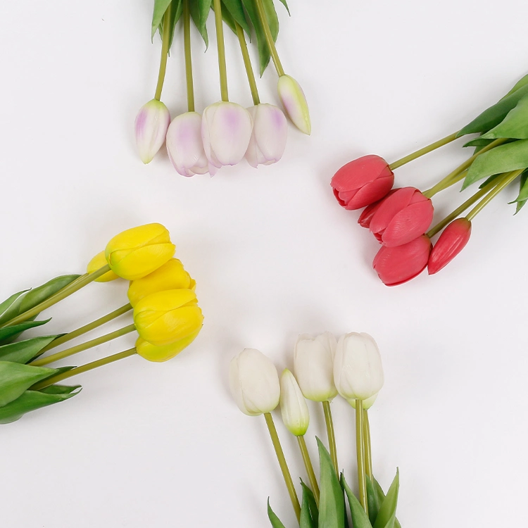 Flores artificiales Tulipanes Silla Tulip racimo de color blanco de múltiples flores de la decoración del hogar verdadero toque Artificial PU Bonsai Tulip