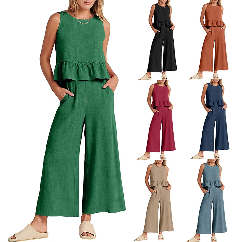 Frauen Sommer Frauen Leinen Anzüge Solid Color Span zweiteiliges Set Großhandel Drop Shipping Hosen und Hemden