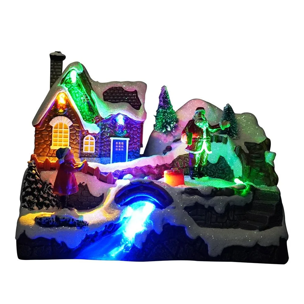 Resin Kerstdorp Xmas Santa Scene LED Light up Musical Animated Christmas Village for Seasonal Holiday Ornament