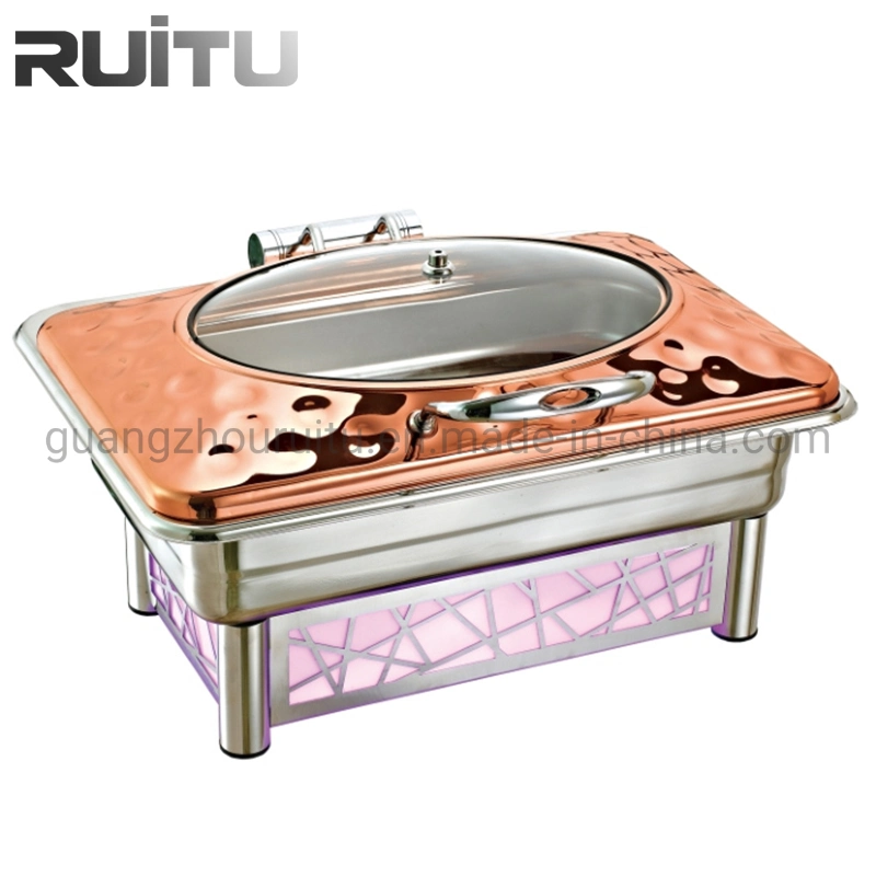 Ruitu Restaurant Equipment LED Electric Stand Hand Hammer Lid 9L Stainless Steel Chafing Dish Setting up with Glass Lid for Buffet Catering Chaffing Dishes Set