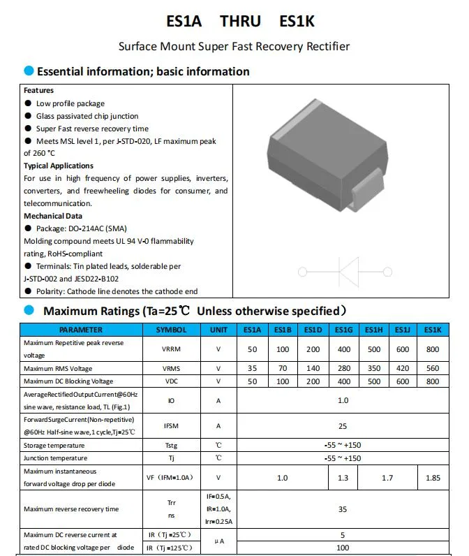 Halbleiter-Diodengleichrichter do-214AC 1A 400V SMD Es1K Super Fast Halbleiterdiode Für Wiederherstellungsgleichrichter