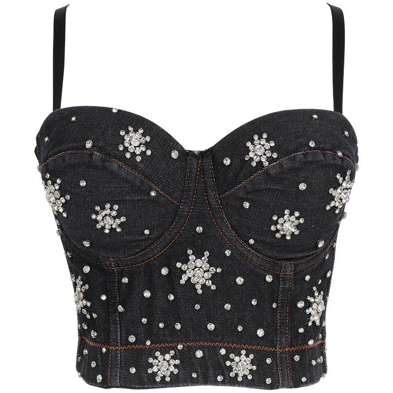 Women Rhinestone Blue Black Medium Flowers Denim Bustier Crop Top Club Party Corset Top