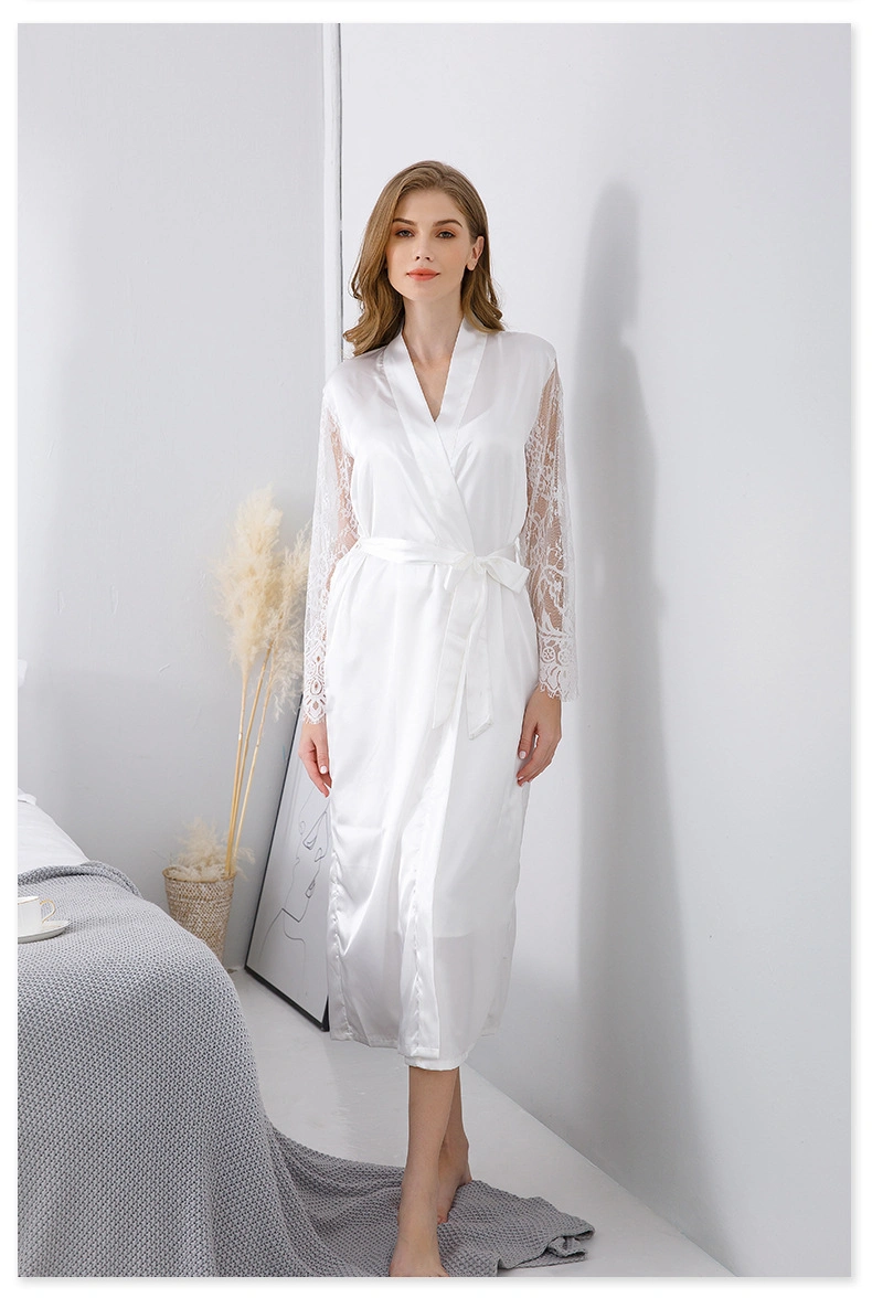 Spring Summer 2 Pieces Silk V Neck Slip Night Dress White Lace Sleeve Long Satin Robe Set for Women