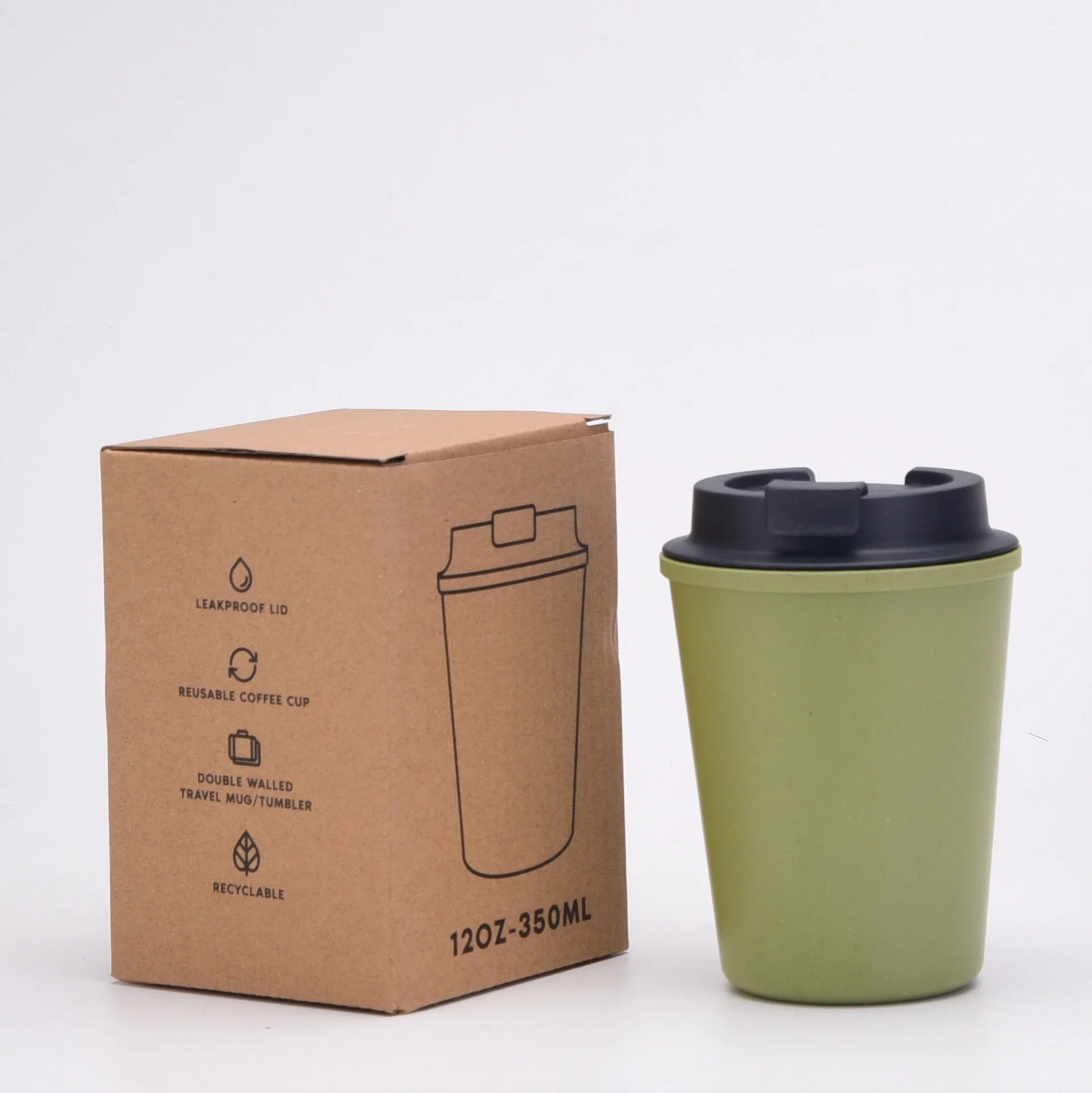 350 ml, parede dupla personalizável reutilizável, sem BPA, palha de trigo para viagem Caneca de copo de café em plástico