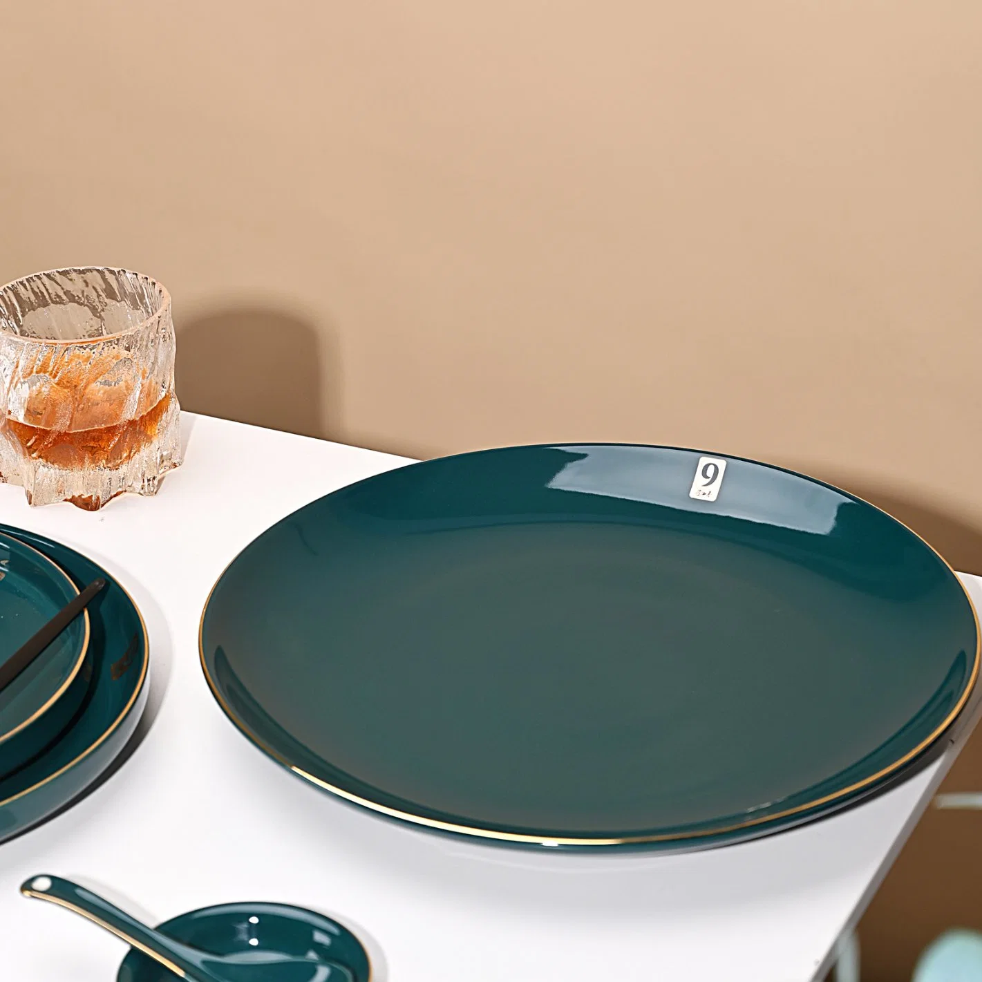 Ceramic Dinner Plates Dinnerware Set Dishes Luxury Green Food Large Dinner Plate with No. 9 Gold Rim Decal for Restaurant Hotel