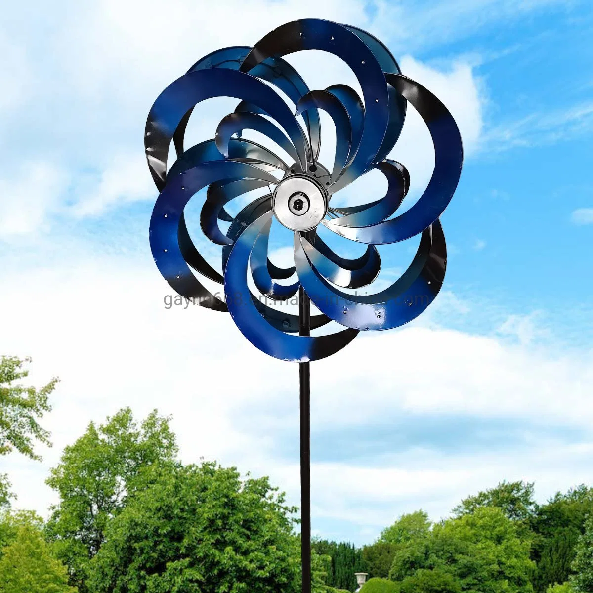 Solar Lighted Stainless Metal Jumbo Spiral 75in Wind-Driven Spinner with Azure Color for Decorating The Garden&Patio, Lawn