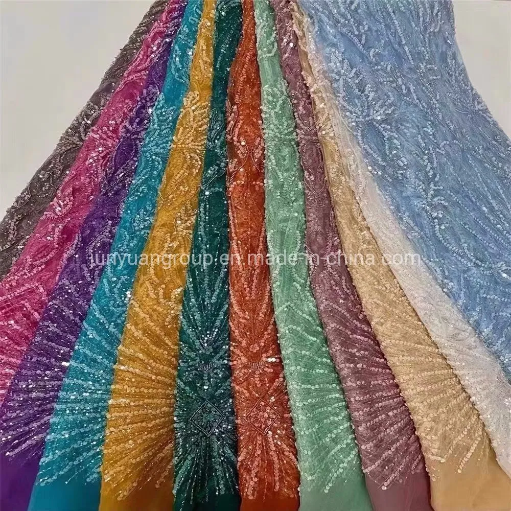 Wholesales Alta Qualidade padrão de flores de tecidos de poliéster Malha Imprimir bordada com fios de Tulle Lantejoulas casamento festa tecidos Lace