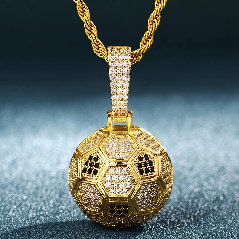 Haute qualité couleur Football plaqué Argent Pendentif hors glacé CZ Collier Pendentif en pierre pour les hommes Hiphop Bijoux