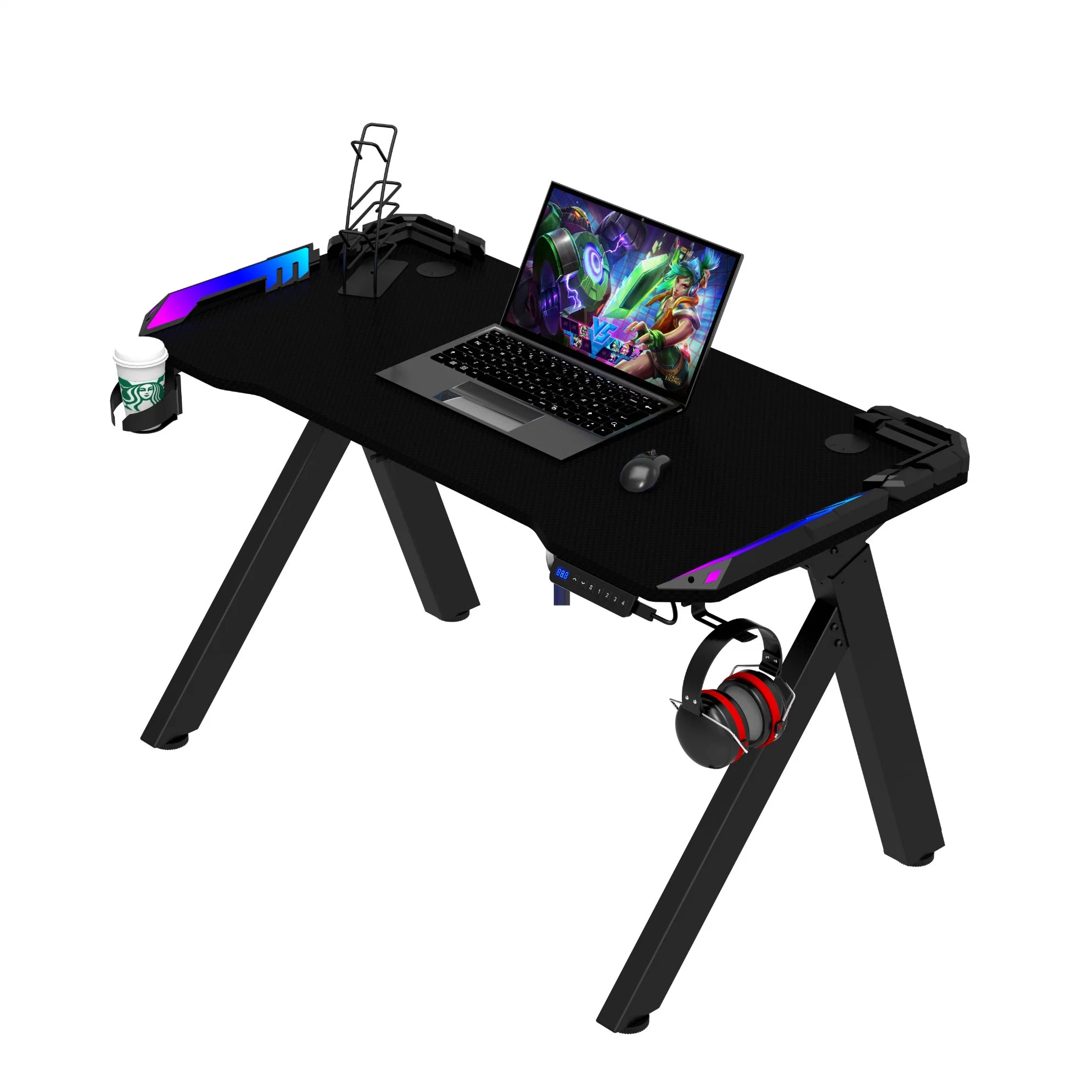 Mesa de jogo ergonómica luz LED RGB e-Sports Mesa de computador em forma de Y. Estação de trabalho de consola de jogos de secretária estável com estrutura metálica