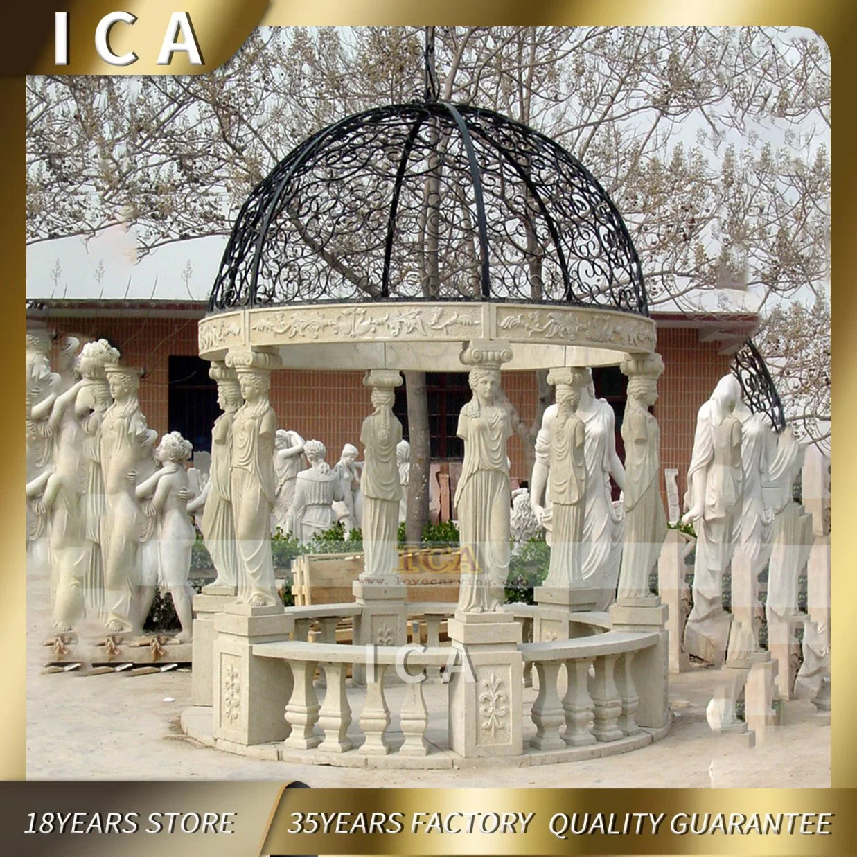 Outdoor Luxury Garden Natural Marble Gazebo with Figure Statues