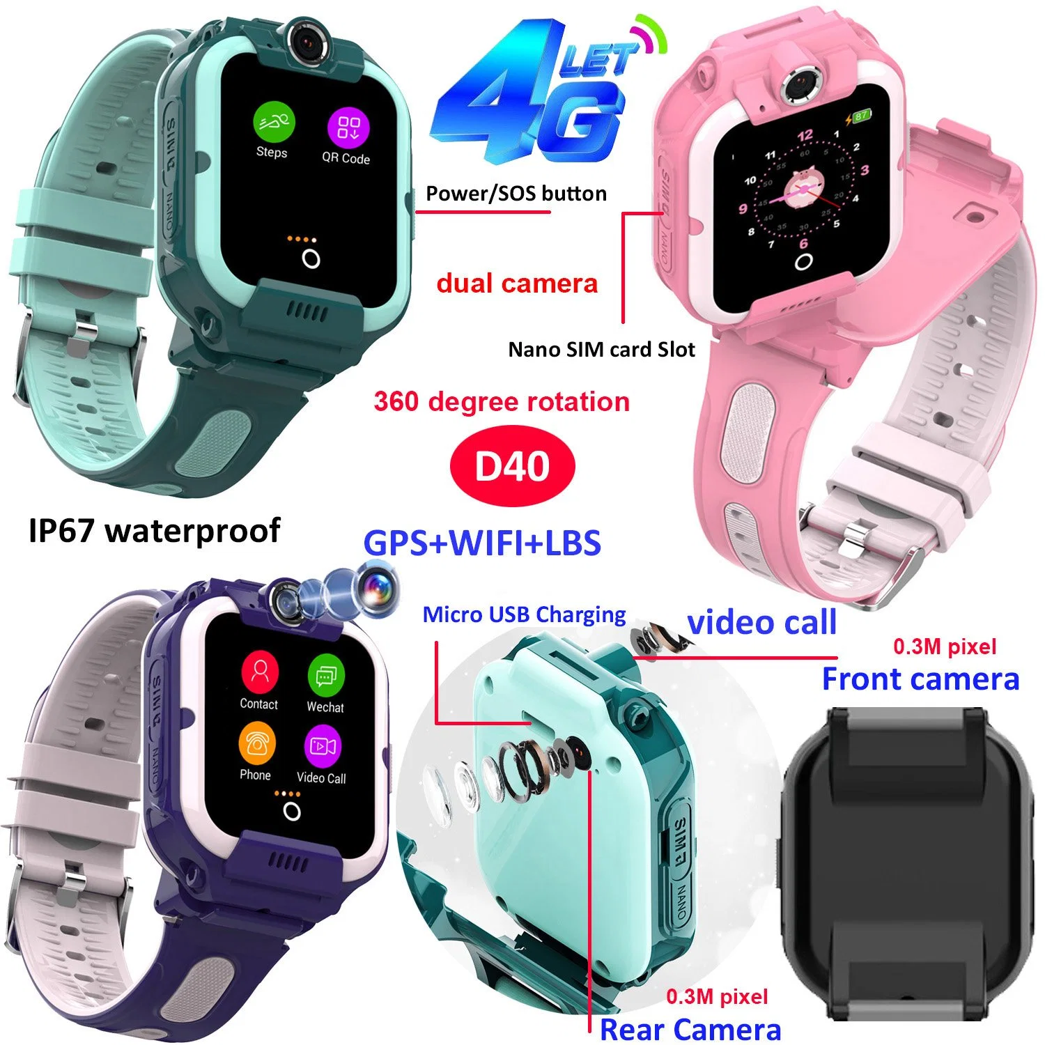 New Developed IP67 waterproof LTE Kids Smartwatch GPS Tracker device with Voice monitor intercom chatting for SOS call Video call D40