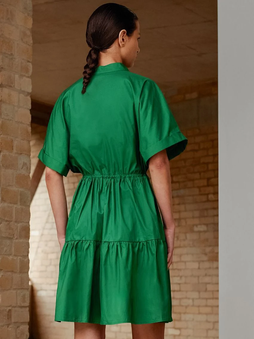 Women Standing Collar Short Sleeved Green A Line Dress Button Down Shirt Dresses for Women