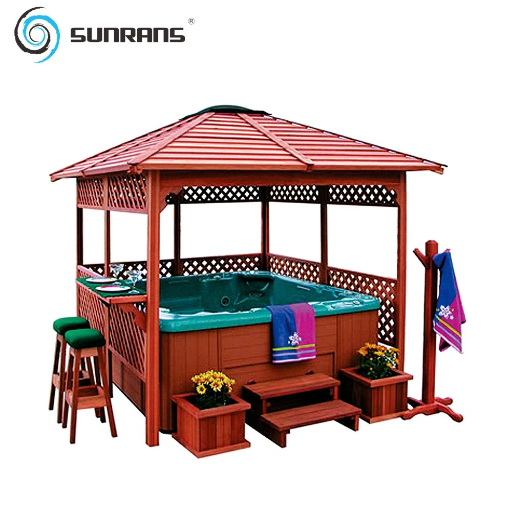 حوض استحمام ساخن خشبي خارجي من Sunrans Gazebo مع منضدة البار و البراز