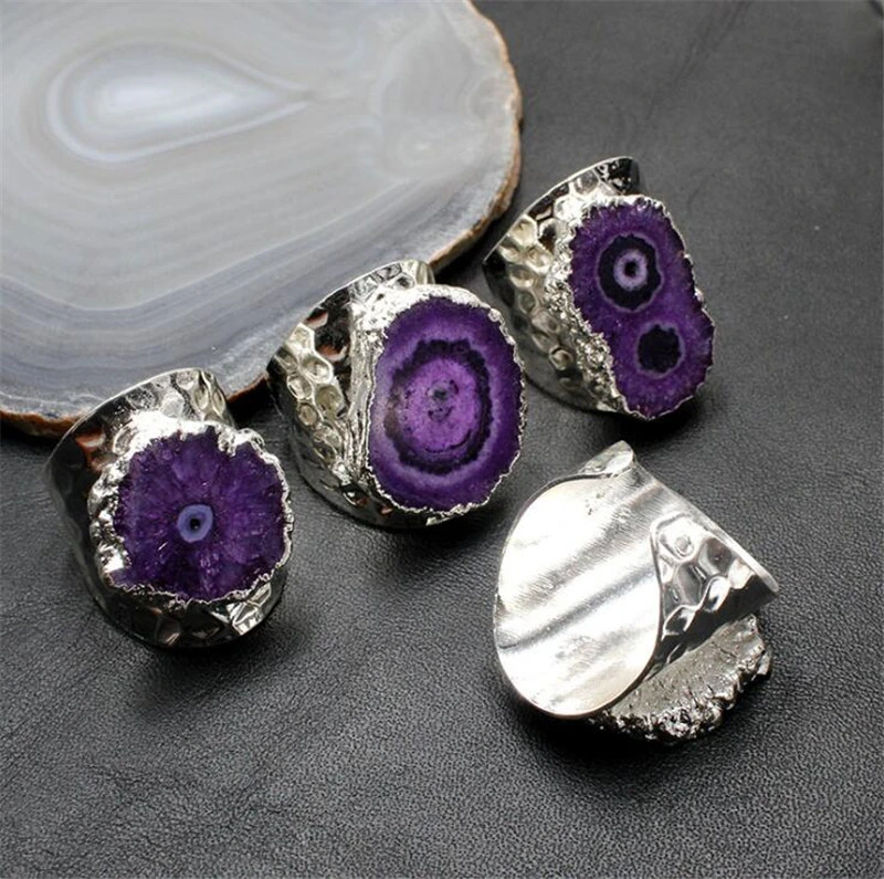 Wholesale/Supplier Natural Stone Agates Sunflower Crystal Geode Sun Agate Ring Plating Silver Irregular Ring