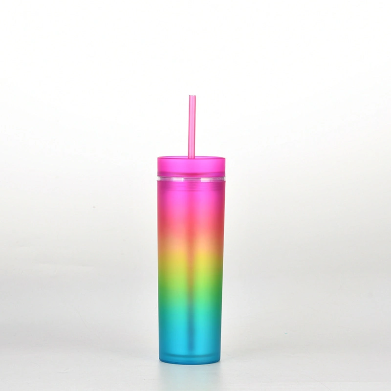 Amazon Hot BPA Free Plastic Gradient Skinny Tumblers Cups 16oz Double Wall Colorful Portable Acrylic Tumbler Mugs with Straw