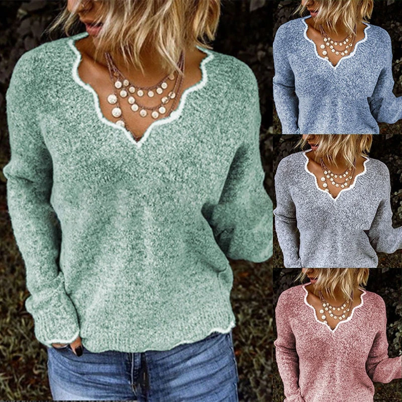 Autumn Solid V Neck Knitted Woman Sweater, Cute Ruffled Long Sleeve Causal Pullover