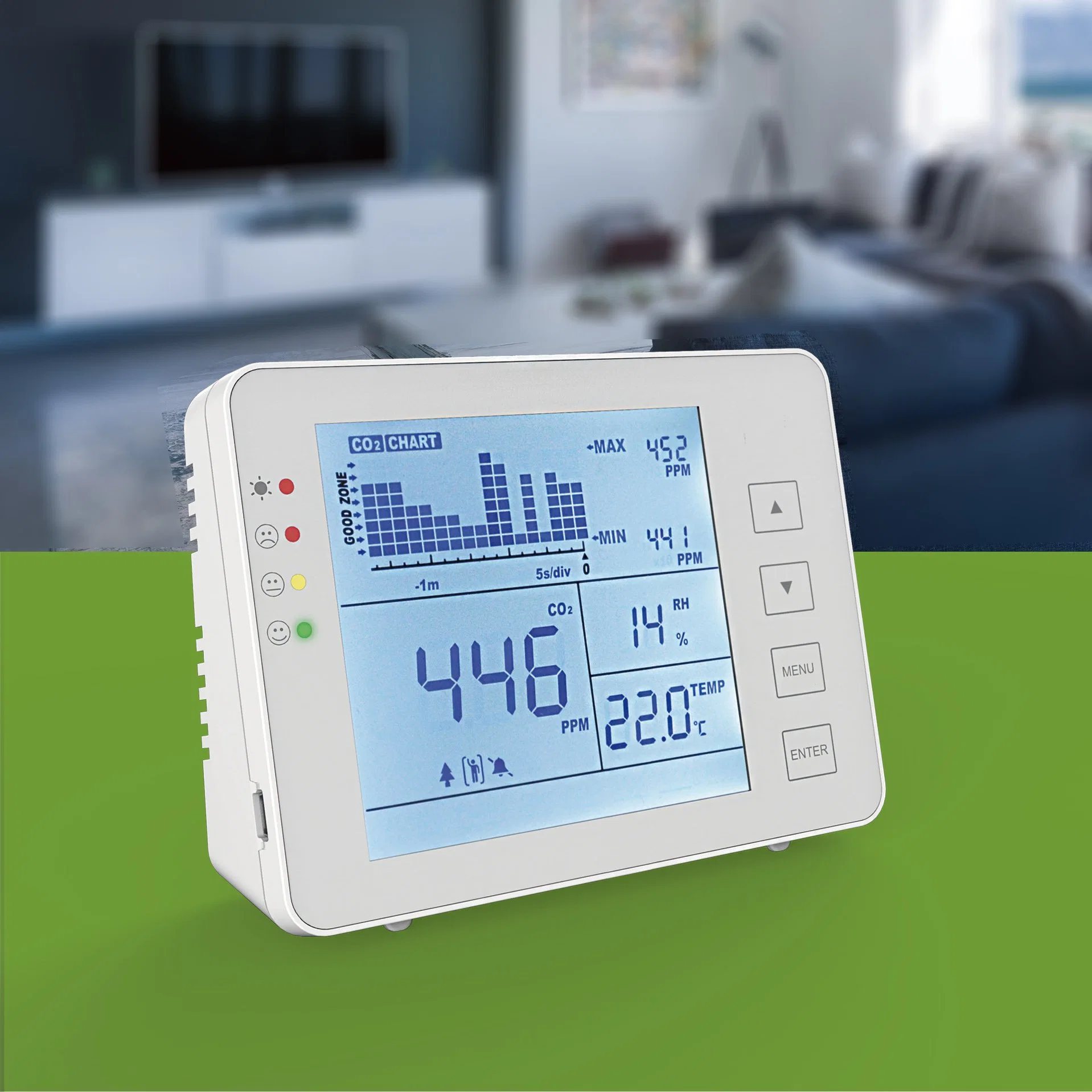 Desktop and Wall Mount Indoor Air Quality CO2 Monitor Powered by USB and Battery