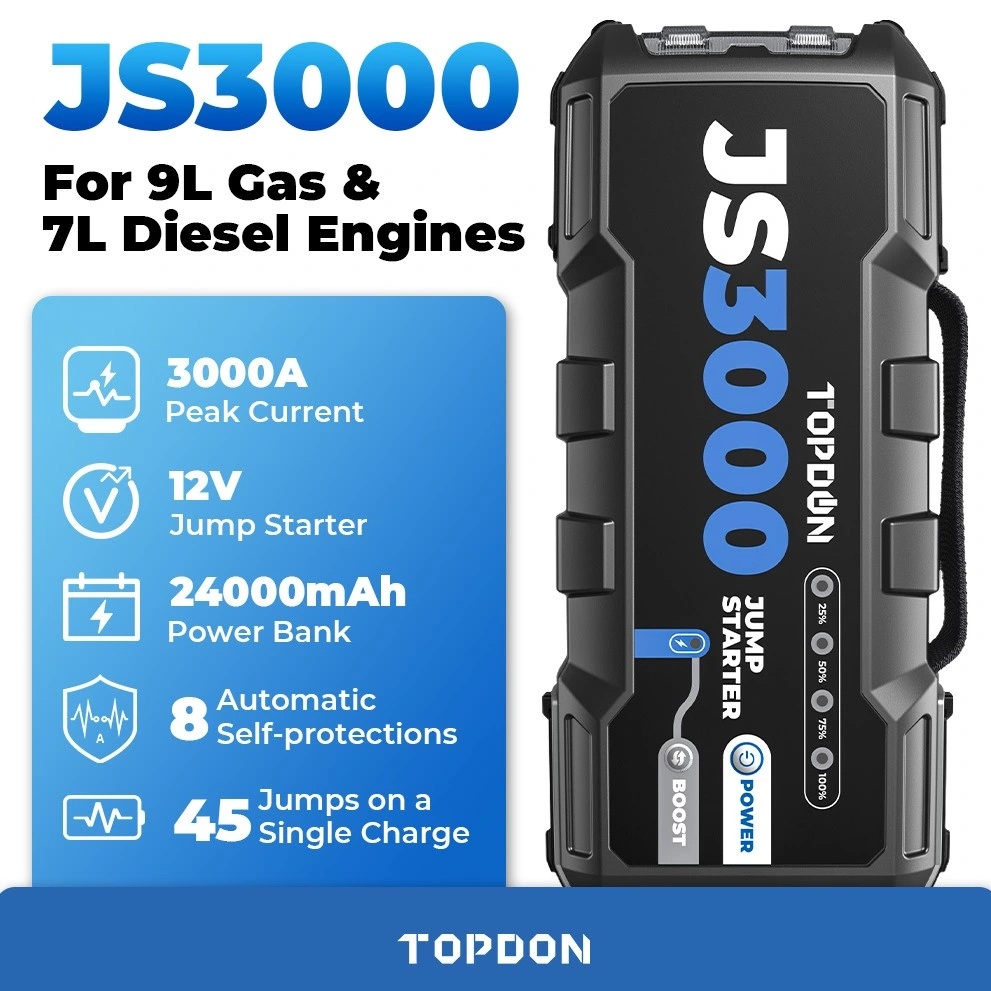 Topdon Js3000 Portable 3000A 24000mAh 12V 45 Starts Per Charger Auto Car Truck Battery Jumper Pack Box Kit Power Bank Emergency Car Peak Jump Starter Booster
