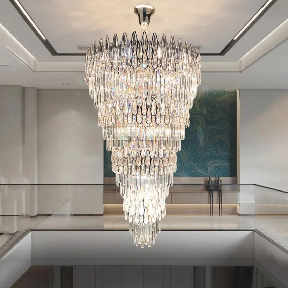 Escalera de lujo Long Chandelier Hotel de lujo moderno Living Room Lighting Y circuitos Diseño Cristal con fuente de luz LED atenuable