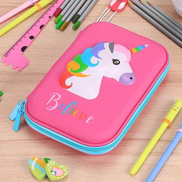 Hot Pink Hard Shell Portable Unicorn EVA Waterproof 3D Printing PU Pen Pencil Stationery Bag Case