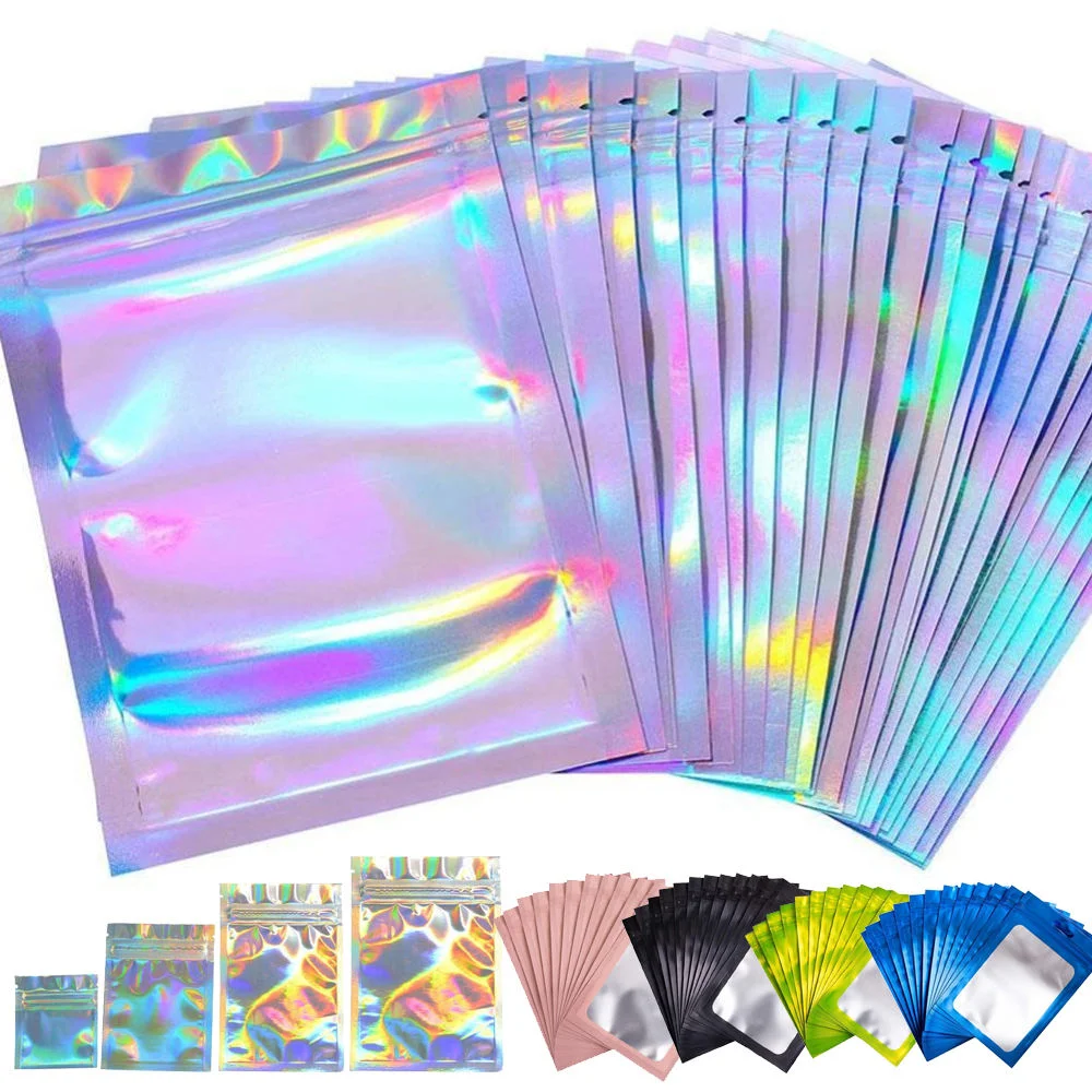 100PCS Custom Logo Small Resealable Packaging Holographic BOPP Packaging Ziplock Bag with Zipper