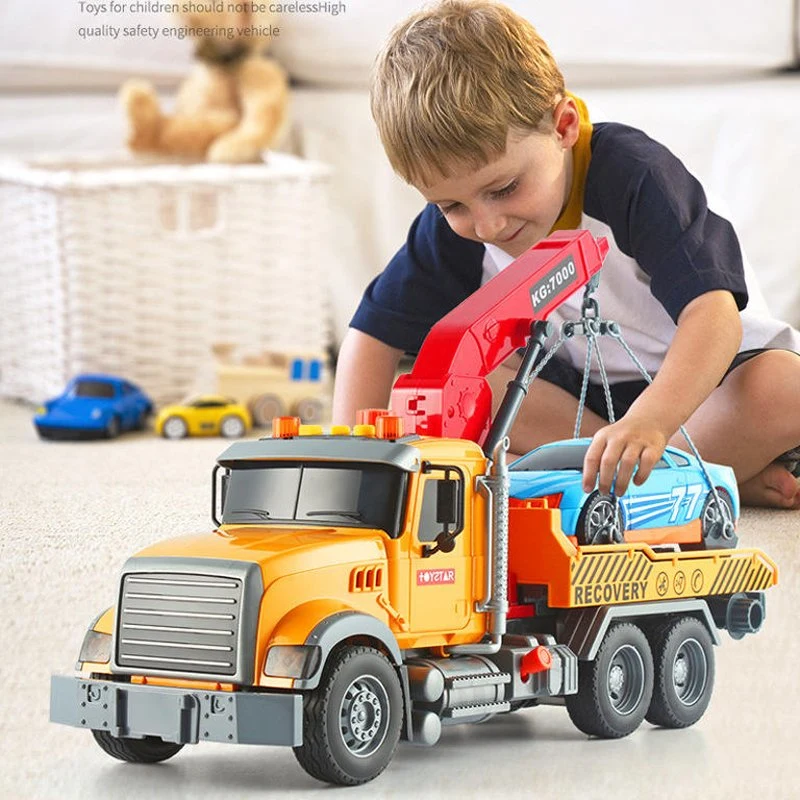Camión de remolque grande de juguete de plástico con energía de fricción, coche de bebé de inercia con gancho, camión de recuperación con música y luces para niño
