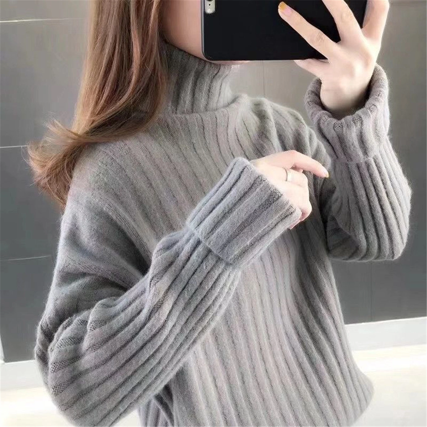 Turtleneck Sweater Mujer Otoño e Invierno retroceder rayas Camiseta ropa suelta