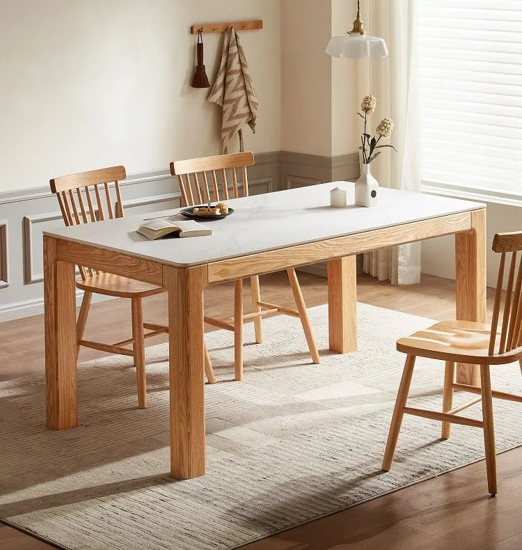 Nordic Style Solid Oak Wood Legs Sintered Stone Top Rustic Dinning Table Set Modern Dining Tables