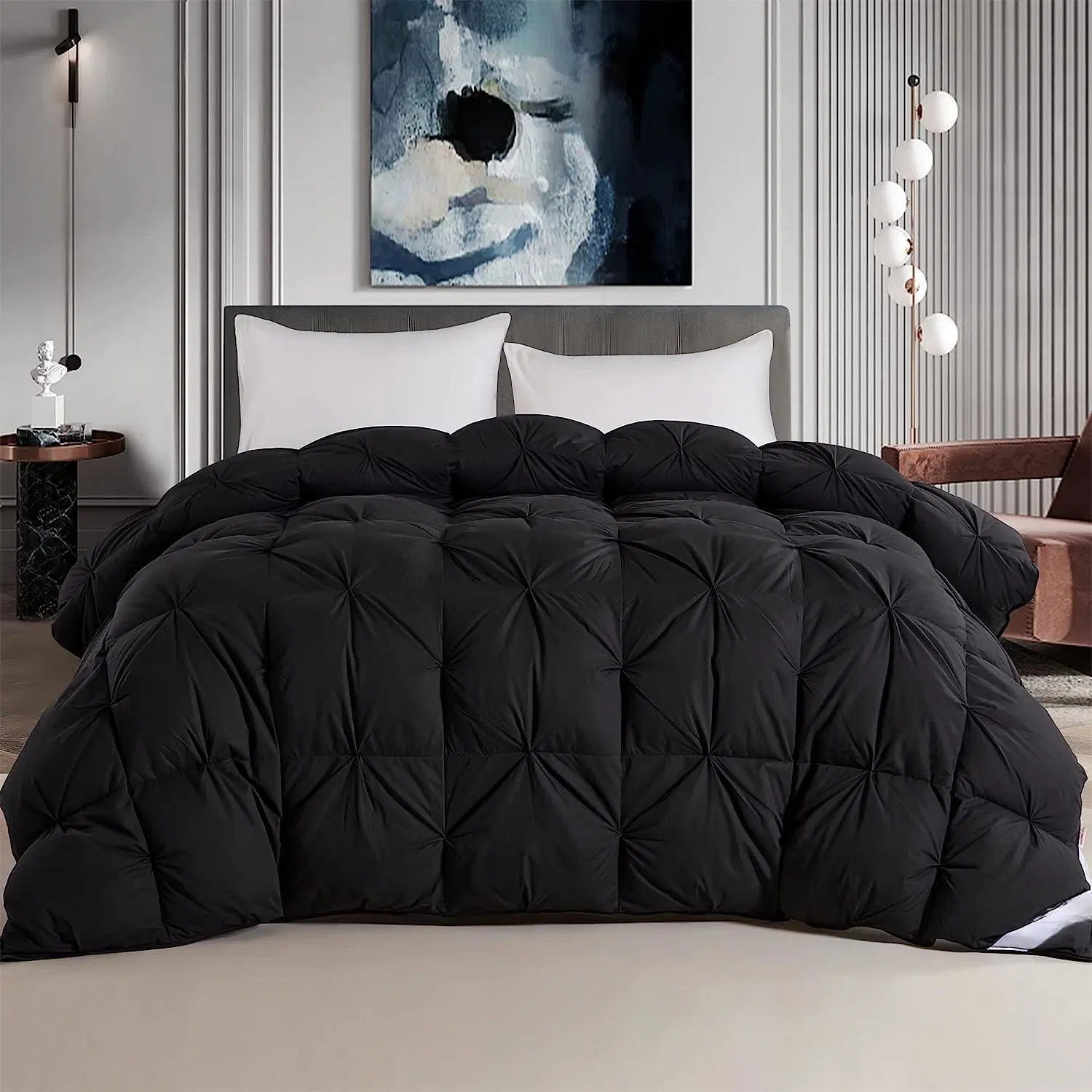 Édredon toutes saisons 75 % duvet, grand lit, couette moelleuse avec 8 coins, tissu mélangé en coton résistant (noir, 98 po x 98 po)