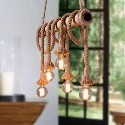 6 Heads Hemp Rope Pendant Light Vintage Bamboo Rustic Industrial Hanging Lamp