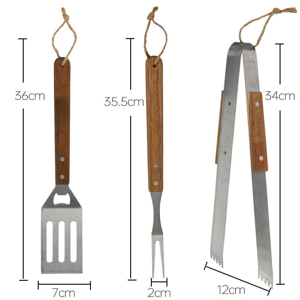 Atacado aço inoxidável material madeira punho churrasco Grill tenente tongs Ferramentas Home BBQ conjunto de ferramentas