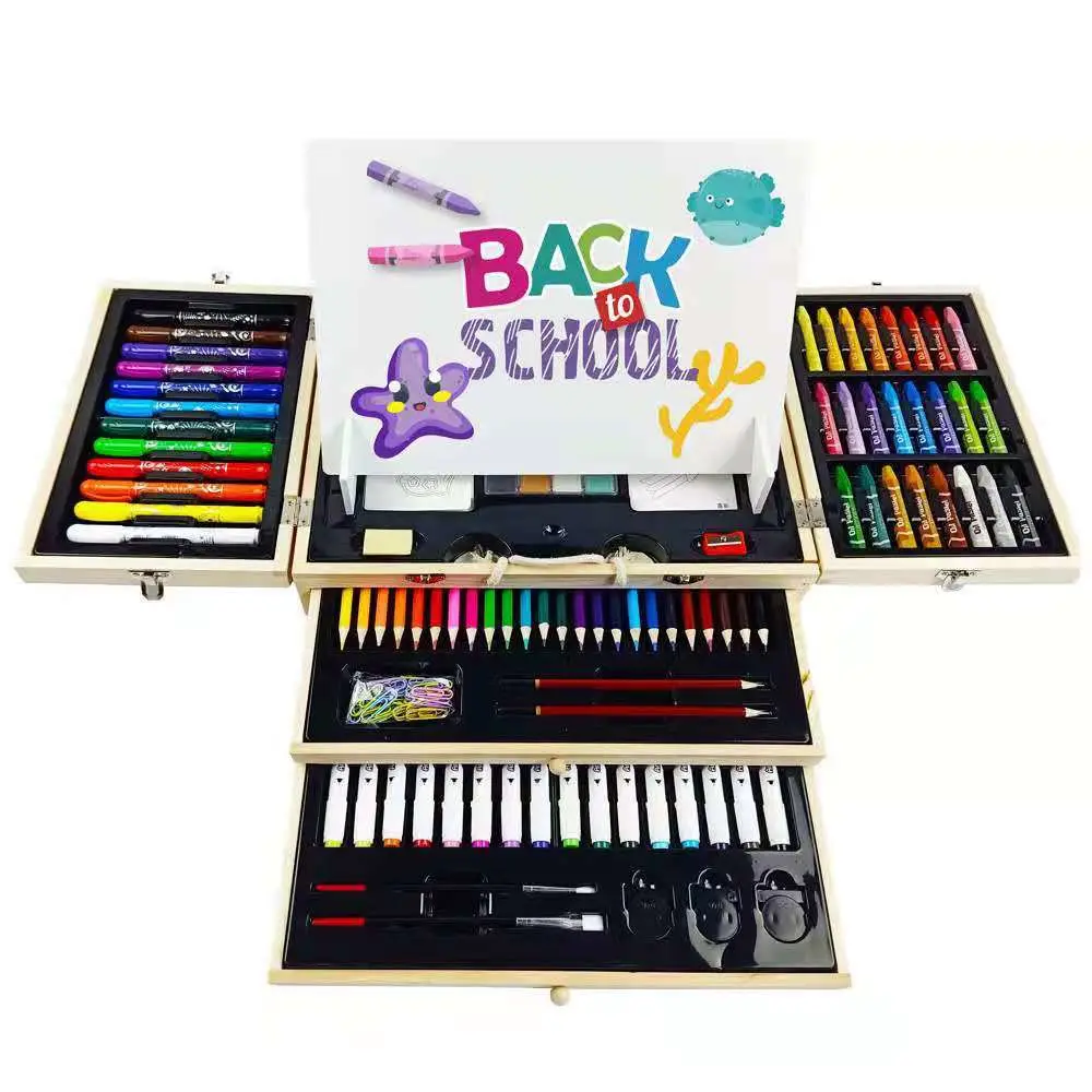 New Wooden Box Painting Set Three Layers Gift Box Portable Pens