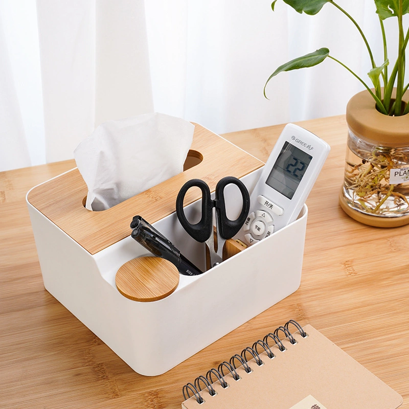 Multi-Use Divided Plastic Rectangular Tissue Box with Bamboo Lid