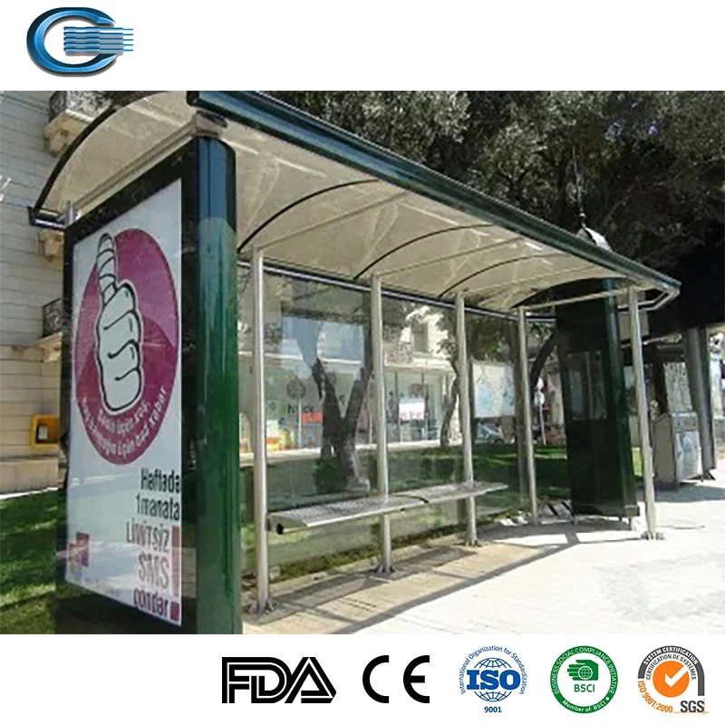 Huasheng Aço Inoxidável Bus Stop Shelter China abrigos de ônibus fornecedor moderna estação de autocarro abrigos Publicidade Design Bus Stop