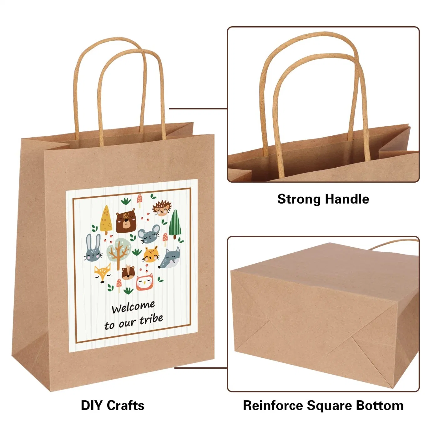 Llanura pequeñas bolsas de regalo papel natural con asas a granel, bolsas Kraft para cumpleaños Cotillón Tiendas de Comestibles bolsas Goody de negocios