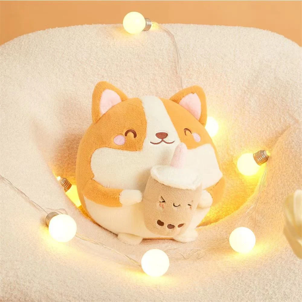 Round Ball Milk Tea Corgi Doll Cute Corgi Puppy Plush Toy Throw Pillow Children Comfort Doll Furniture Decoration