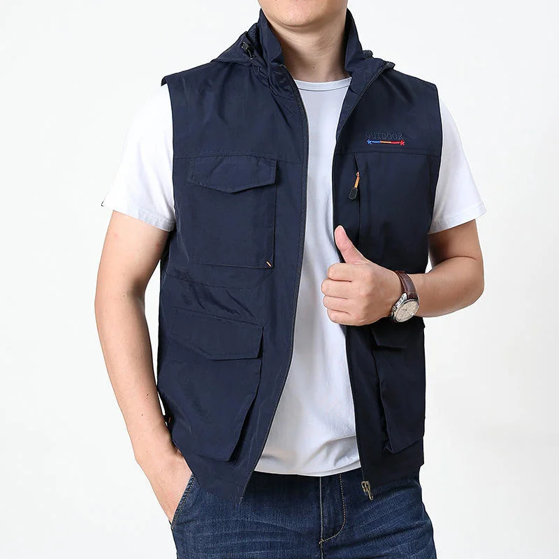 Custom Logo Multi-Pocket Waistcoats Men's Stand Collar Vest Sleeveless Jacket