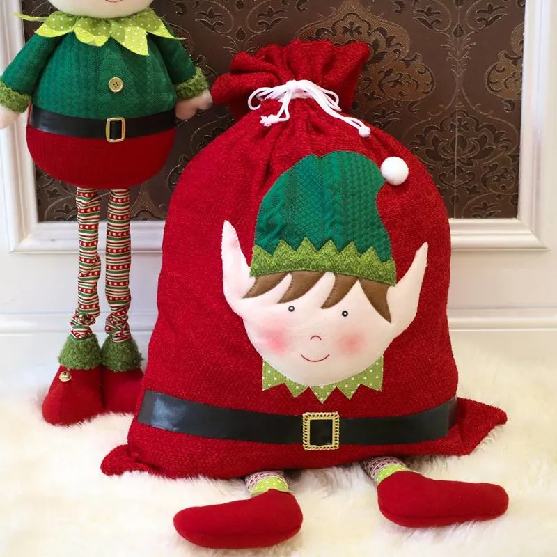 Красный зеленый Xmas подарки большие кулиской Рождество Санта-Bag Cute Elf мешков