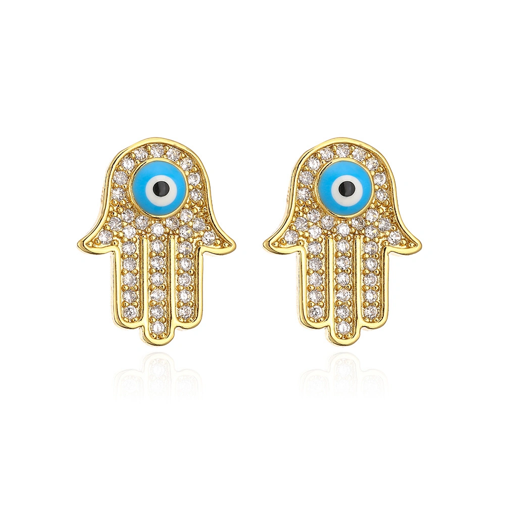 Europäische und amerikanische Mode Kupfer überzogenem 18K Gold Micro-Inset Zircon Fatima Hand Eye Ohrstecker Weibliche Schmuck