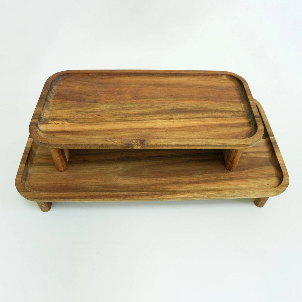 Japanese Style Set of 2 Wood Tray Table Sushi Wooden Food Serving Tray with Stand