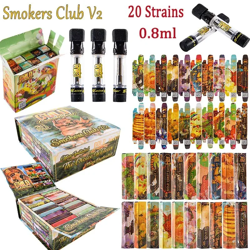 Smokers Club V2 E cigarettes vaporisateurs 20 souches 0,8ml chariots à huile de 1,0 ml d'épaisseur, chariots vides à bobine en céramique à 510 fils