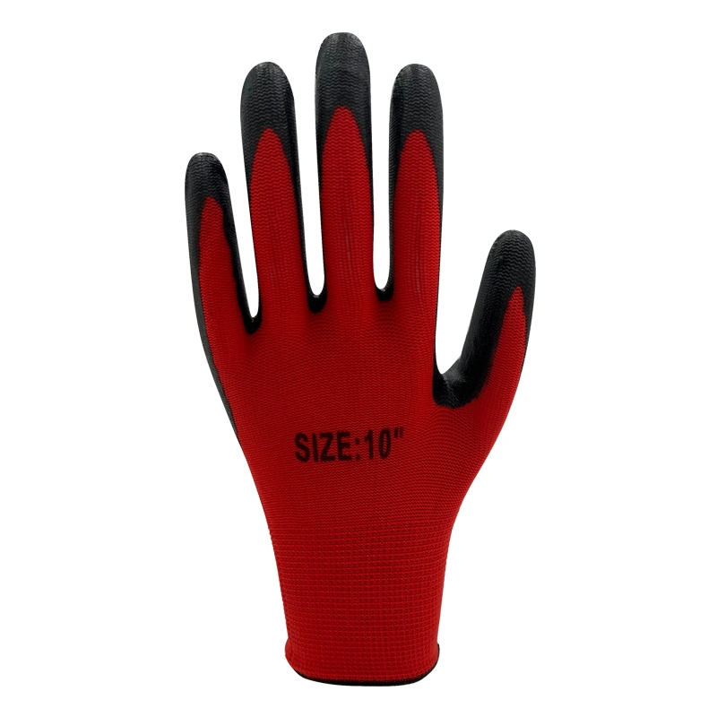 13guage Guantes de nilón de Trabajo nitrilo Concha de poliéster rojo con recubrimiento de nitrilo Guantes de trabajo con guantes de nylon recubiertos de palmera azul con logotipo de impresión