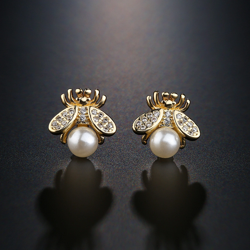 Cross Border Source Cuper-Plated 18K Gold Micro-Inset Zircon Lovely Bee Pearl Earrings Jewellery