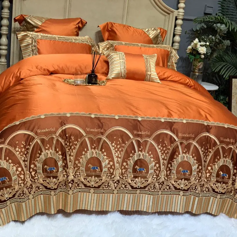 High-End Lace Home Textile Household Comforter Duvet Cover Silk Bed Linen Orange Pillowcases ODM Pillowcase Sham 4 Pieces Bedding Set Wholesale/Supplierr